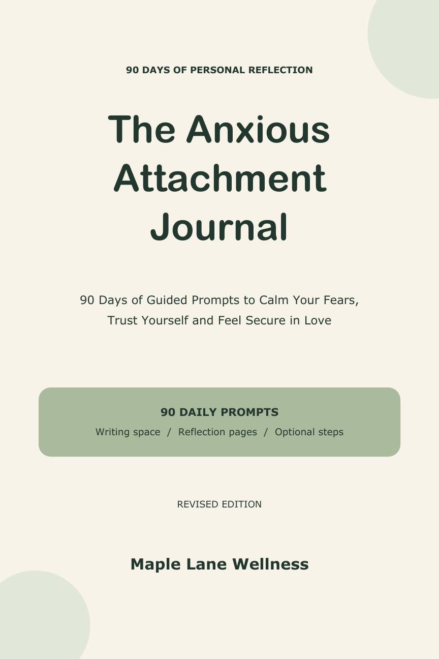 The Anxious Attachment Journal by Maple Lane Wellness, revised edition. Cream cover with dark green title lettering.