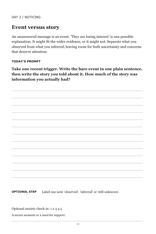 The complete Day Three page from the revised journal, including its reading, event-versus-story prompt, lined response space and optional steps. The text is also available in the sample PDF.