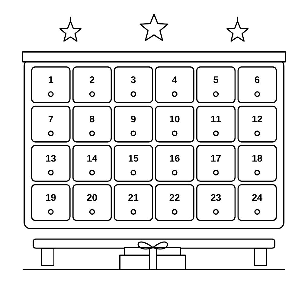 An advent calendar with 24 drawers numbered 1 to 24, three stars above and a wrapped present underneath.