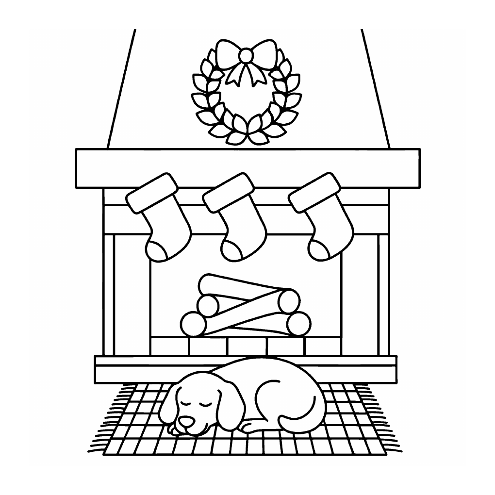 A dog sleeping on a checked rug beneath a fireplace with three stockings and a wreath. Design 2 from the paperback.