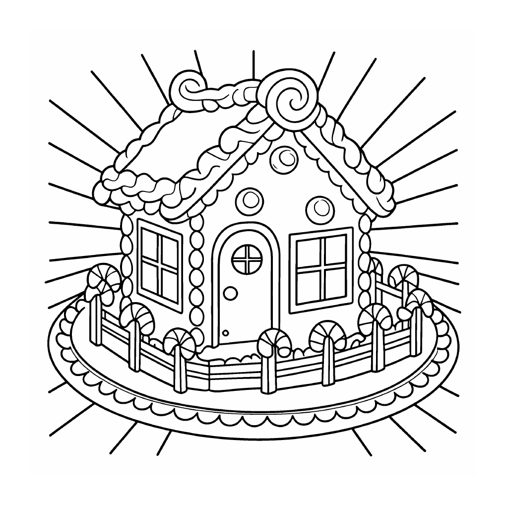 A gingerbread house with icing, sweets and candy canes, surrounded by a small fence.