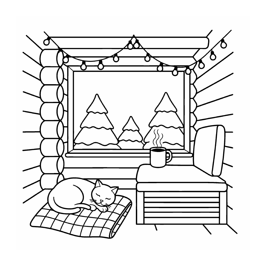 A sleeping cat on a checked cushion, beside a chair, a mug and a window looking out onto snowy trees. Unchanged design 1 from the paperback.