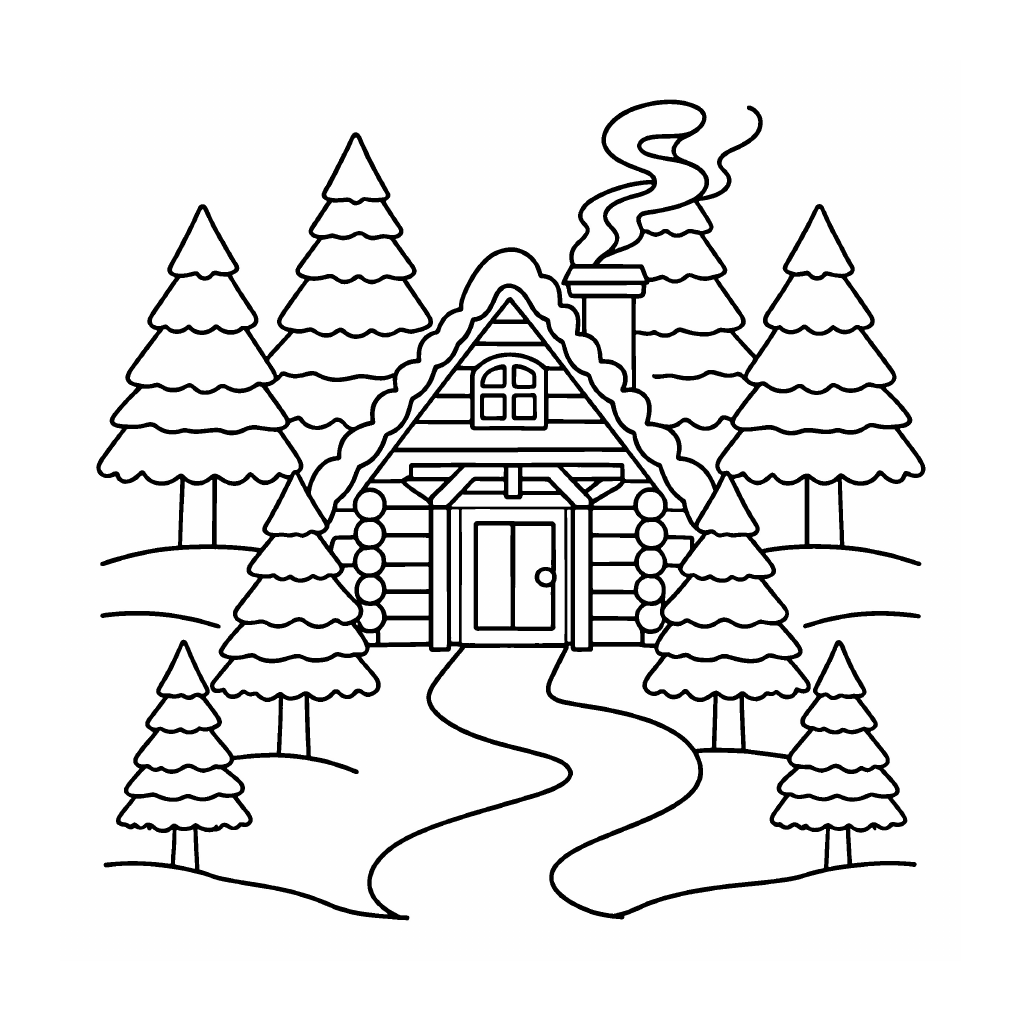 A snow-covered log cabin among fir trees, with a winding path and smoke rising from its chimney.