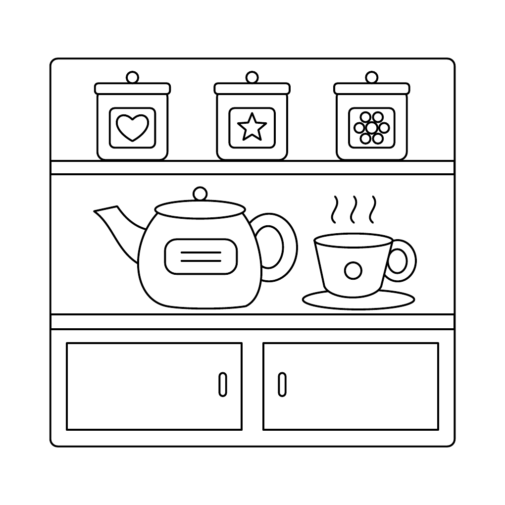 A tea cabinet with three jars bearing a heart, a star and a flower, plus a teapot and a steaming cup.