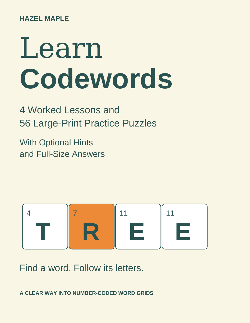 Learn Codewords by Hazel Maple. Ivory cover with teal lettering and four numbered squares spelling TREE.
