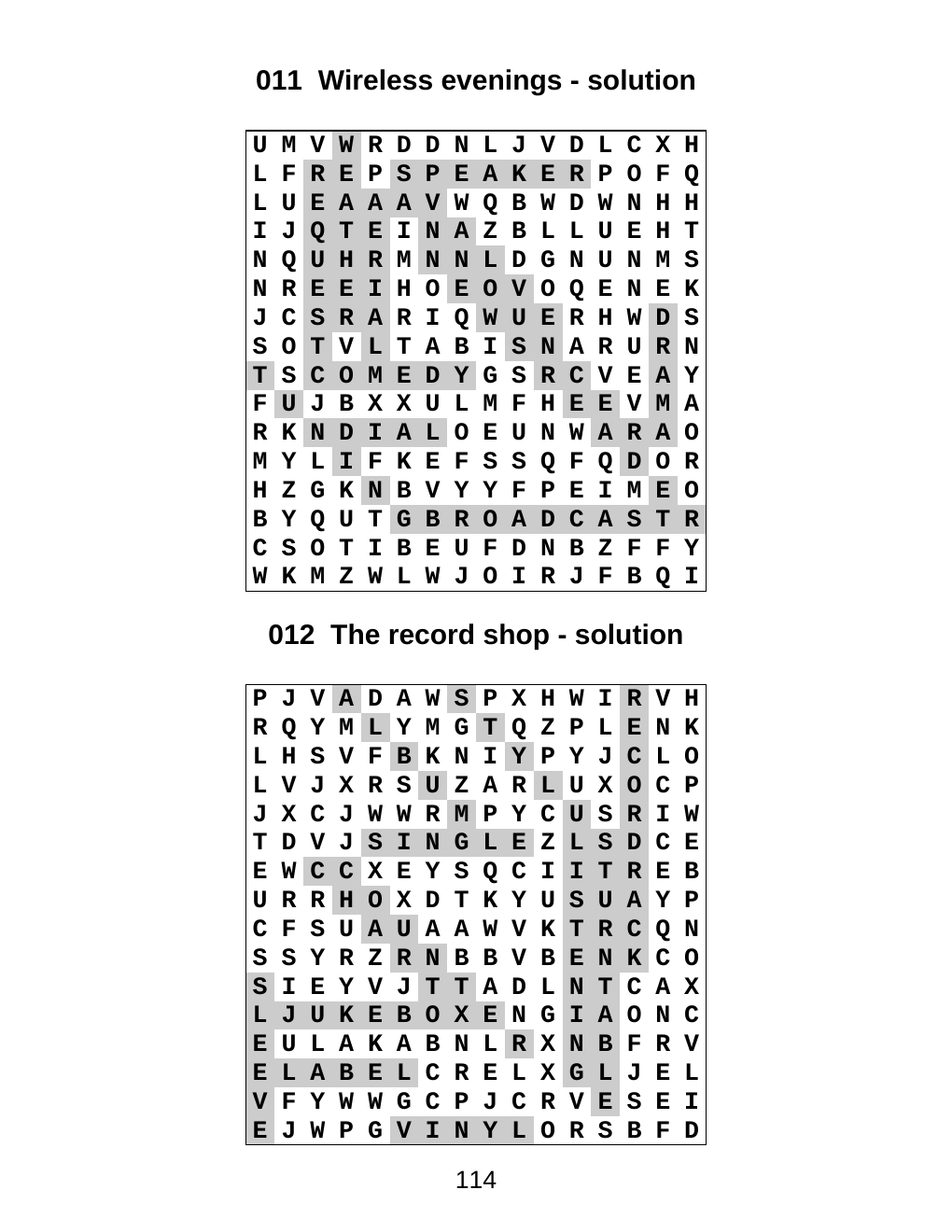 Book page 114, with shaded answers for Wireless evenings above The record shop.