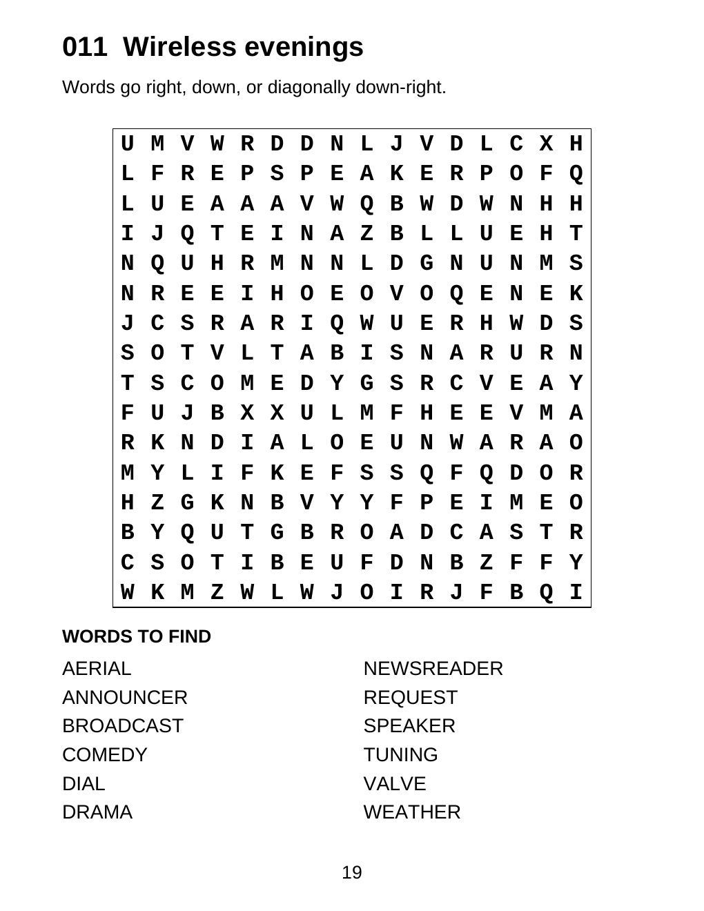 Puzzle 011, Wireless evenings: the original 16-by-16 grid and twelve-word list from paperback page 19.