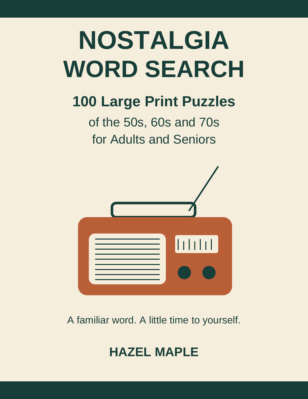 Nostalgia Word Search by Hazel Maple. Cream and dark green paperback cover with a rust-coloured radio.